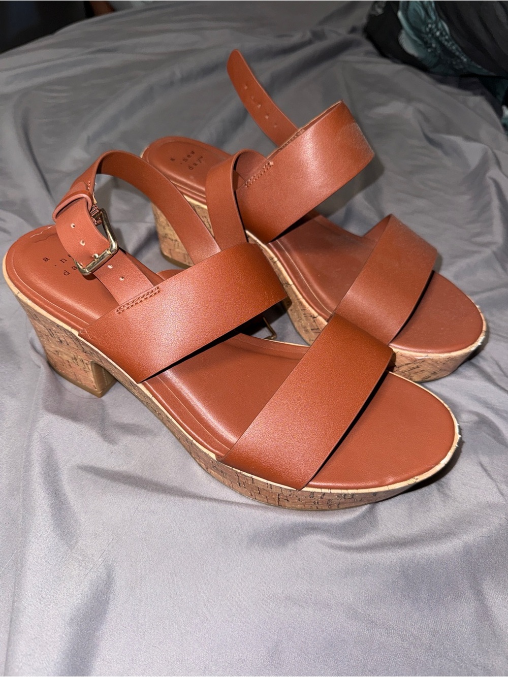 Womens Tan Cork Block Heel Strap Sandals